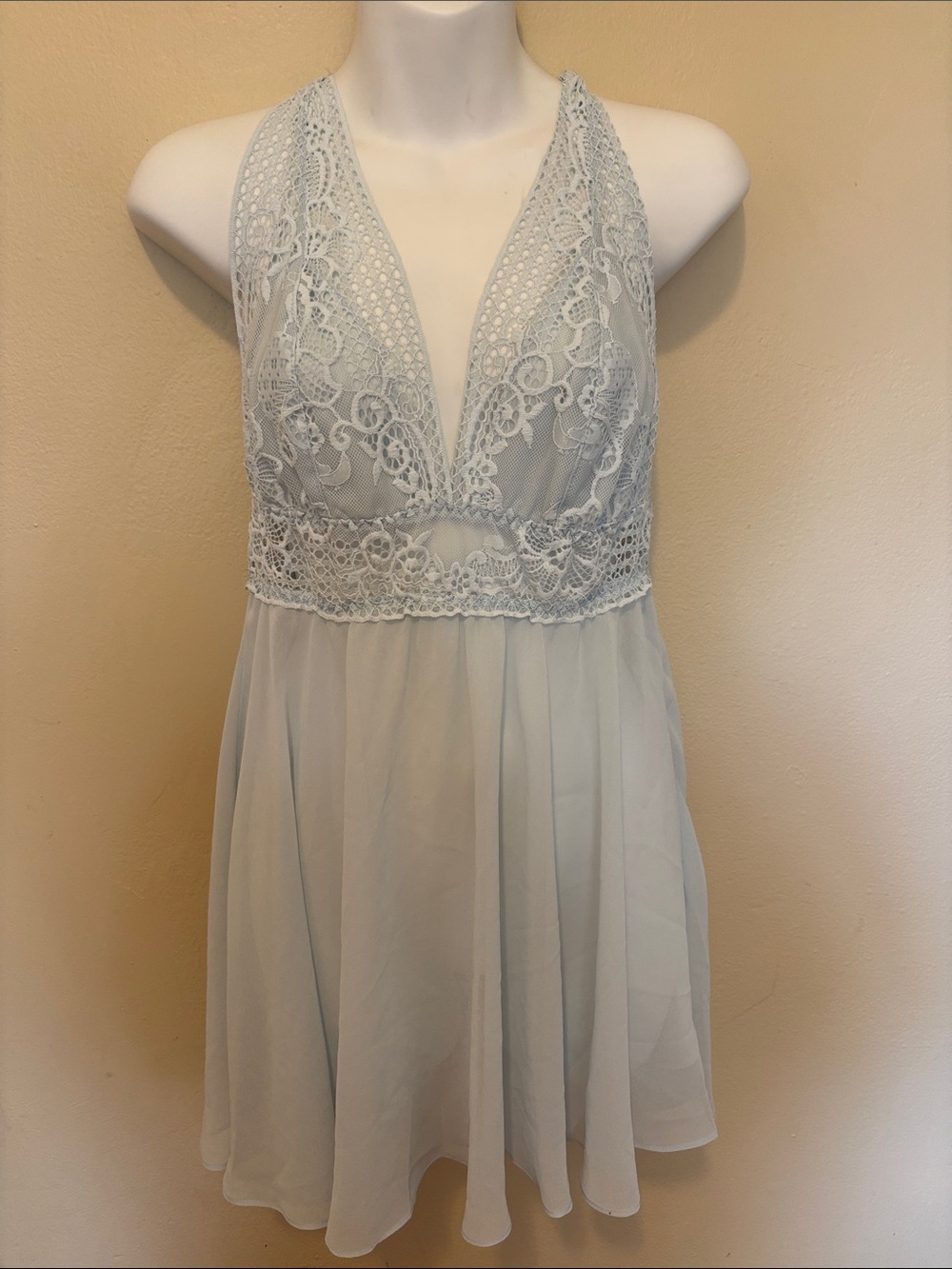 Scalloped Lace Halter Mini Dress in Pale Blue